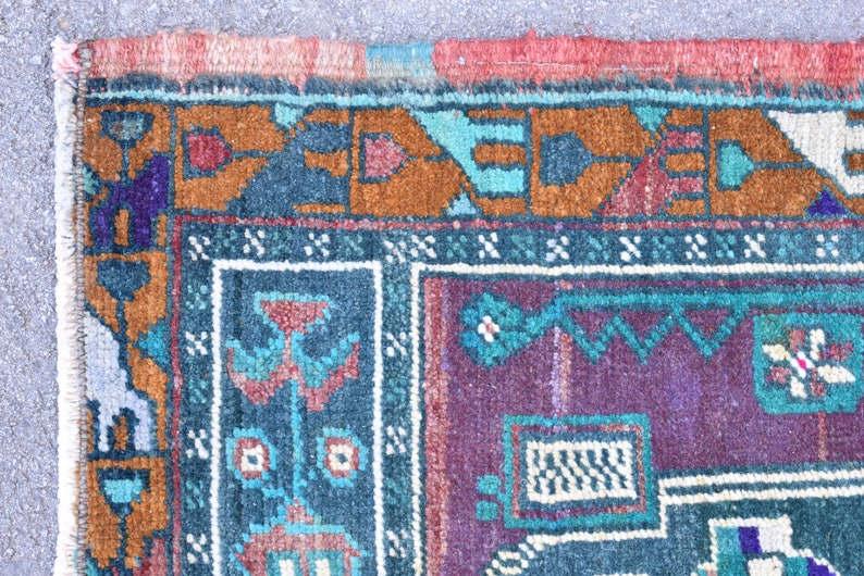 Oushak Rug 1.6x3.3ft Vintage Anatolian Rug Runner Rug Aztec Rug Turkish Rug Green Rug Small Size Runner Rug Purple Rug Entryway Rug