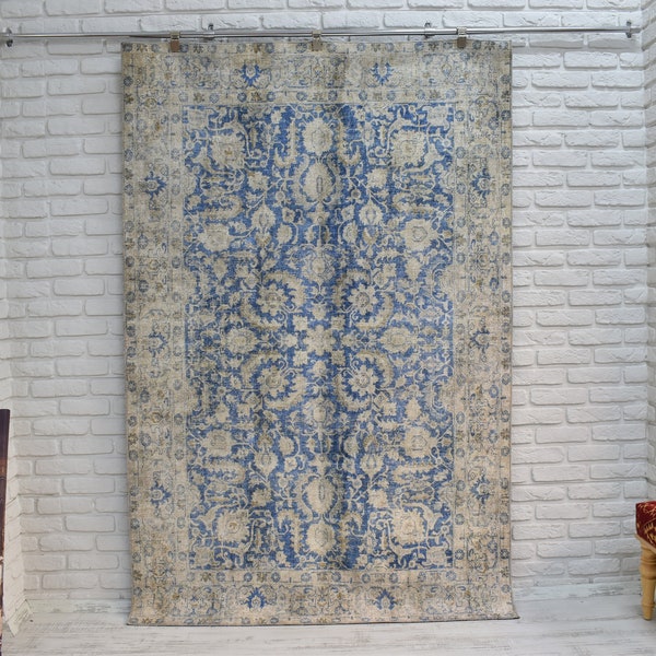 Tapis Oushak bleu - tapis de sol - petits et grands tapis turcs - tapis lavable - tapis - tapis oushak - tapis contemporain - tapis bleu de style vintage