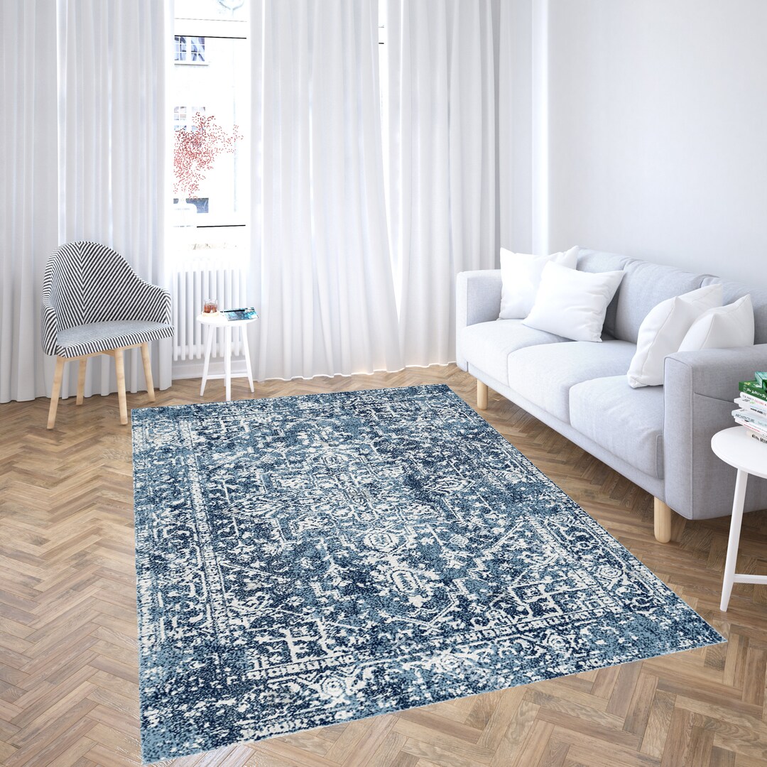 Blue Vintage Rug, Turkish Rug, Blue Oushak Rug, Faded Blue Rug, Blue ...