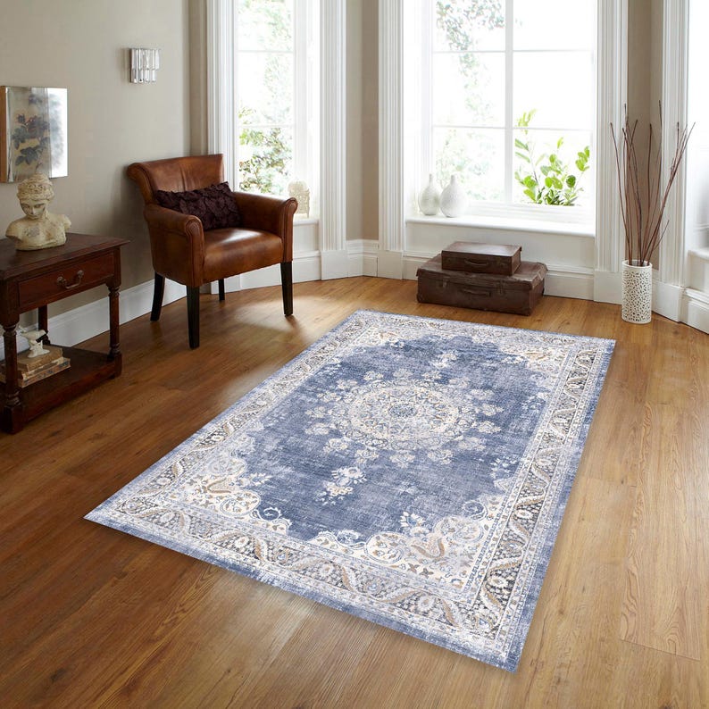 Rustic Rug Top View Blue Blue Traditional Rug Farmhouse Area Rug Geometric Distressed Living ...