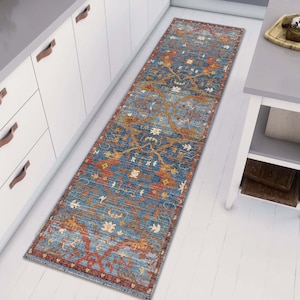 Blue Turkish Runner Rug, Farmhouse Modern Living Room Hallway Luxury Kitchen Interior Runner Rugs available in different sizes - rugstarug