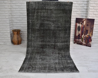 Boho Wool Handwoven Turkish Carpet in Black - Charcoal (3.7x6.9ft) - Vintage Rugs - Cotton Rugs