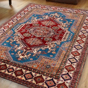 Afghan Rug, 5x8 Kilim Rug, Aesthetic Bedroom Rug, Traditional Red and Blue Rug, Red Afghan Rug, Luxury Living room rugs decorative non slip