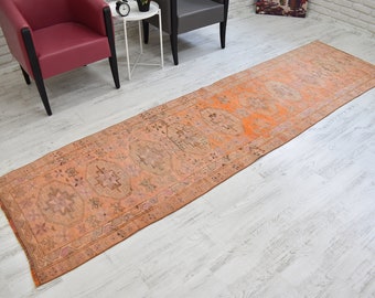 Vintage Runner Rug, 10.5 x2.9 ft,  Bohemian Rug, Orange Turkish Rug, Oushak Runner Rug, Hallway Rug, Faded Rug, Staricase Rug, Rug Runner