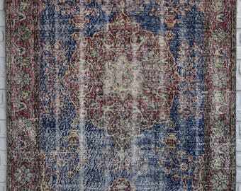 Handmade Wool Rug - Natural Blue Area Rug for Living Room, Boho Distressed Carpet, Hand Woven Turkish Rug, Durable Eco Friendly Vintage Rug