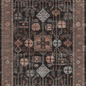 May include: A rectangular area rug with a distressed, vintage look. The rug features a dark gray background with a complex geometric pattern in shades of brown, blue, and gray. The border is a contrasting brown with repeating geometric shapes.