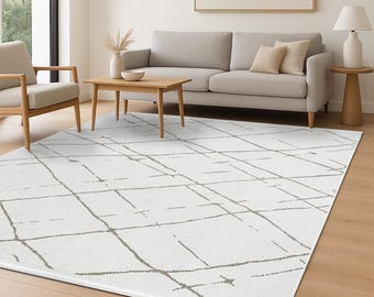 Area Rug 6x9, Turkish Rug, White and Beige geometric minimal design rug, modern farmhouse living room rug NON SLIP Rug bedroom rug, 5x8,4x6
