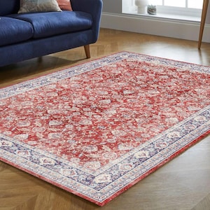 Red Area Rug, 5x8 Turkish Rug, 4x6 Entryway Rug, 2x3 Doormat Rugs, 6x9 Living Room Rug Oriental Ethnic Floral Design Easy to Clean Rug