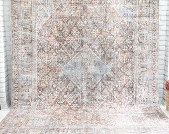 Rustic Earth Tone Area Rug, Distressed Antique Style, Washable Turkish Rug Vintage Classic Oriental Traditional Boho Rugs
