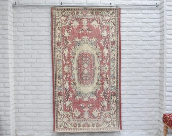 Red Floral Hand Woven Turkish Vintage Rug - Accent Rug - Bedroom Bedside Rug - Wool Carpet
