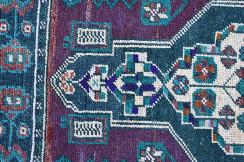 Oushak Rug 1.6x3.3ft Vintage Anatolian Rug Runner Rug Aztec Rug Turkish Rug Green Rug Small Size Runner Rug Purple Rug Entryway Rug