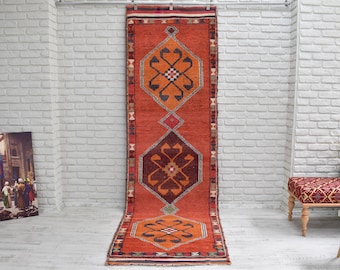 Vintage Geometric Wool Runner Rug, Pink Orange Boho Kilim Hallway Rug Kitchen Runner