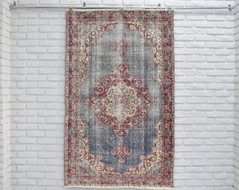 Organic Vintage Handwoven Area Rug - Turkish Carpet - Red Blue Medallion Design - Natural Wool and Cotton