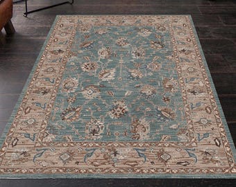 Area Rugs 5x7, Green Rug, 4x6 Turkish Rug, Oriental Afghan Oushak Design Washable Boho Living Room Carpet