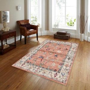 May include: A pink and cream area rug with a floral pattern. The rug has a detailed border with a repeating design. The rug is laid out on a hardwood floor in a living room setting.