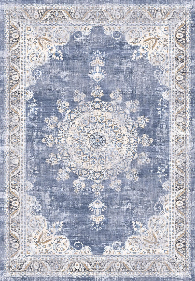 Rustic Rug Top View Blue Blue Traditional Rug Farmhouse Area Rug Geometric Distressed Living ...