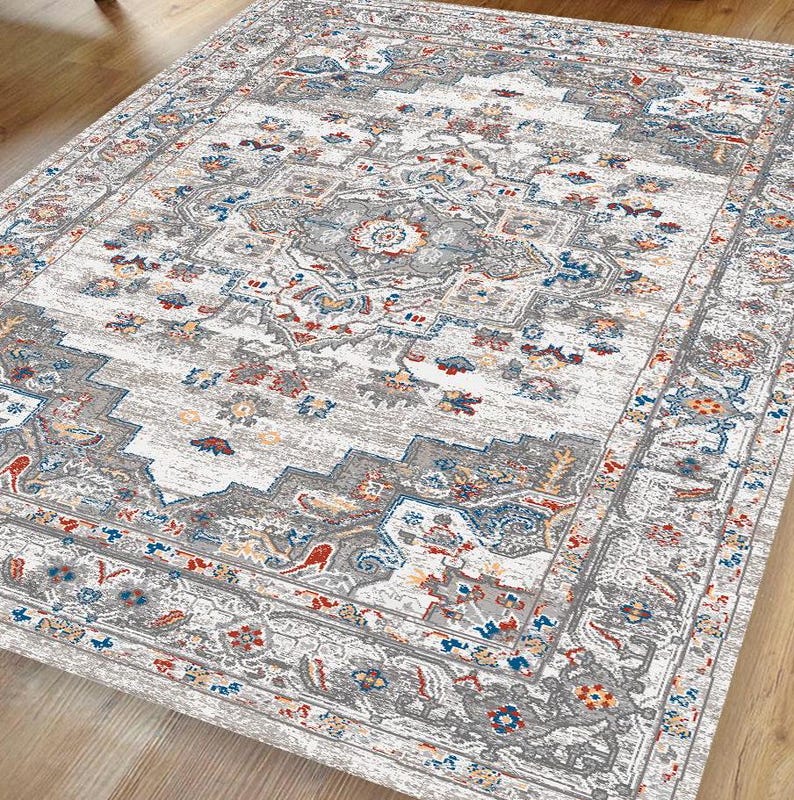 Neutral Gray Ivory Area Rug Carpet Washable Mat Living Room Vintage