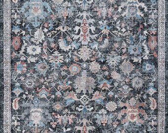 Distressed Traditional Area Rug: Anthracite Blue Gray, Printed Chenille Cotton Washable Rugs for Living Area - Hallway - Kitchen - Bedroom