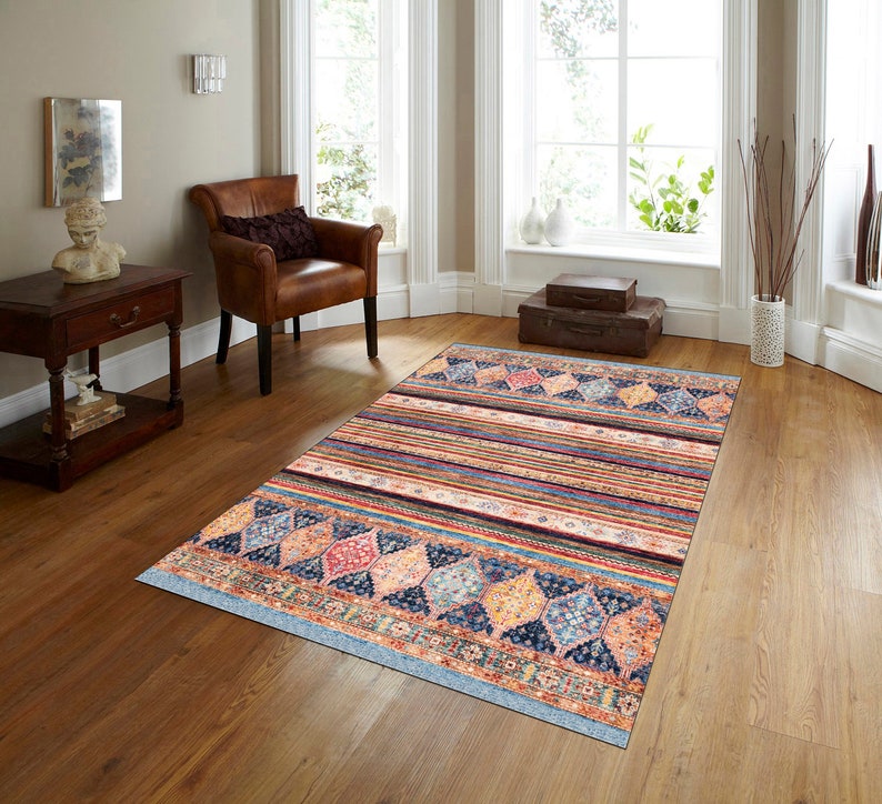 Multicolor Rug, Turkish Rug, Nursery Rug, Pet Friendly Rug, Striped Kilim Rug, Bohemian Rug for Bedroom Living Room image 1