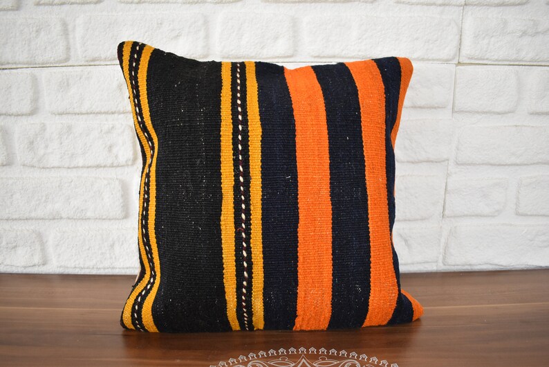 16x16 Vintage Handmade Brown and Yellow Striped Kilim Pillow Cover