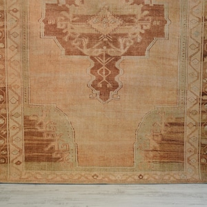 May include: A vintage-style rug with a central medallion design in shades of rust and beige. The rug features intricate border patterns and a distressed appearance, suggesting age and use. The rug is displayed against a white brick wall.