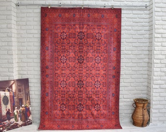 Red Afghan Rug, 5x8 Area Rug, Rustic Decor, Red Rug, Aesthetic Rug, free shipping rug, livingroom rug, floor Rug, unique carpet from Turkey