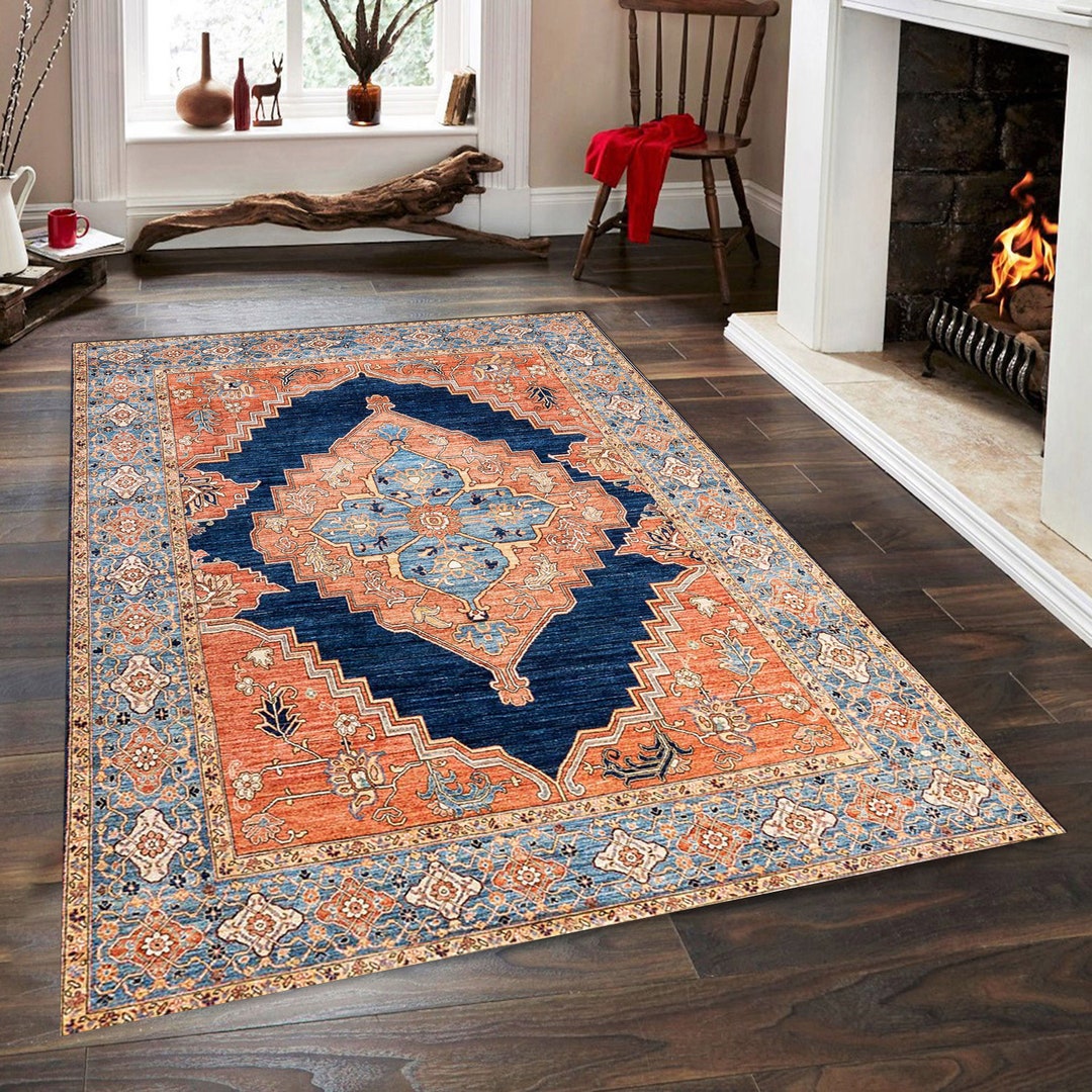 Area Rug, Turkish Rug, Vintage Style Modern Rug, Orange and Navy