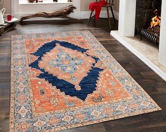 Terracotta Blue Distressed Vintage Style Rug, Mid Century