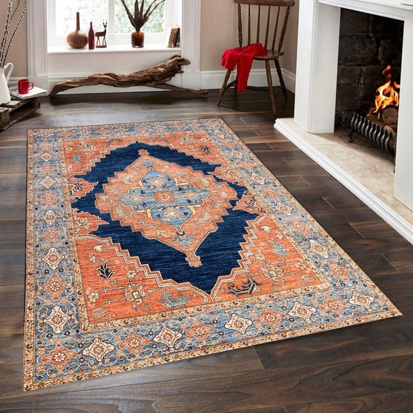 Area Rug, Turkish Rug, Vintage Style Modern Rug, Orange and Navy Blue Rug, Oushak Rug, Rug Runner, Kilim Rug, Tapis Rug, Bedroom Rug Retro