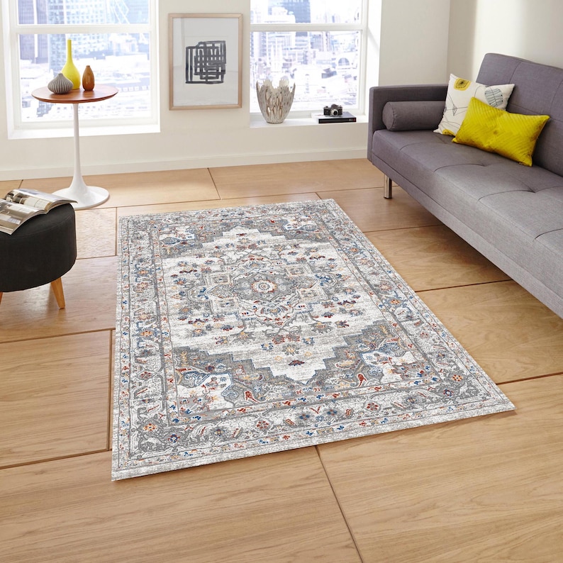 Neutral Gray Ivory Area Rug Carpet Washable Mat Living Room Vintage