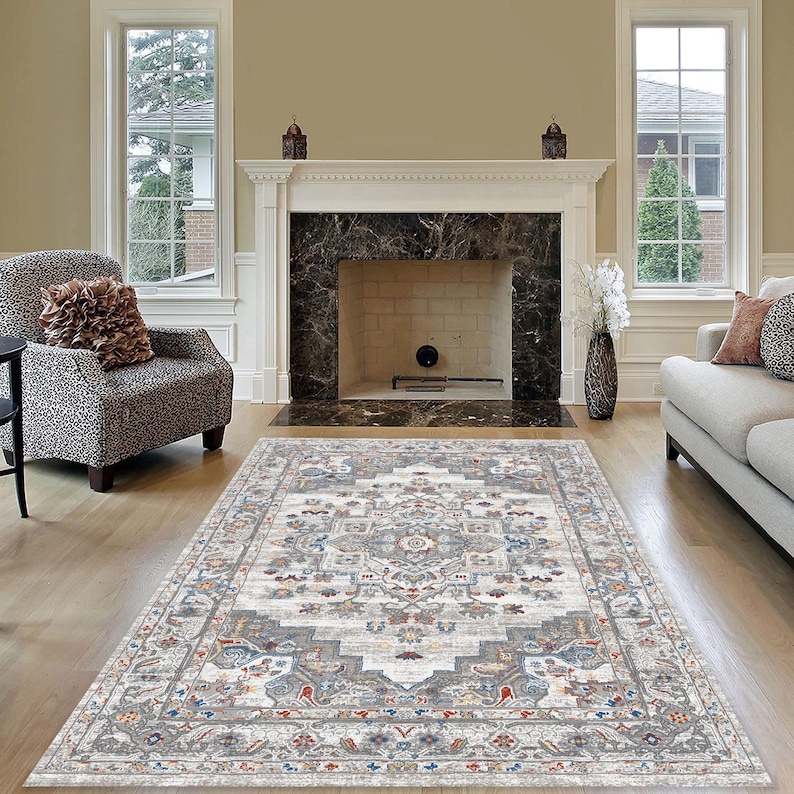 Neutral Gray Ivory Area Rug Carpet Washable Mat Living Room Vintage