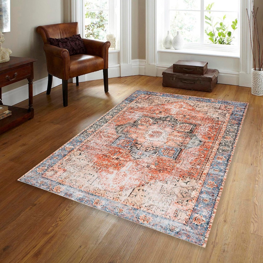 Vintage Style Rug, Orange Heriz Rug, Carpet, Rug for Living Room, Blue