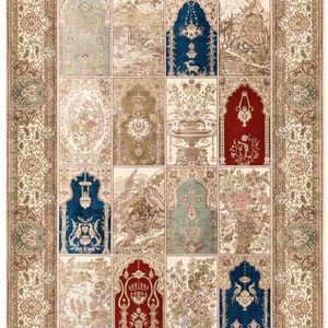 May include: A cream-colored rug with a large, intricate border. The center of the rug is divided into 16 squares, each with a different design. The designs include floral patterns, arches, and landscapes. The rug is made of wool and silk.