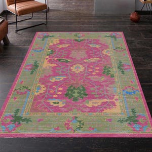 Pink Turkish Rug / Vintage Faded Pink Green Area Rug for Living Room/ Pink Oushak Rug / Bedroom Rug, Small Large Rugs pink boho bohemian rug