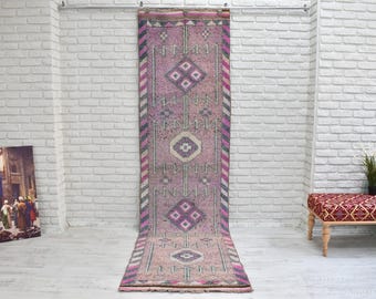 Handwoven Purple Wool Runner Rug, Natural Fiber Rug Runner, Boho Hallway Kitchen Corridor Decor 12x3