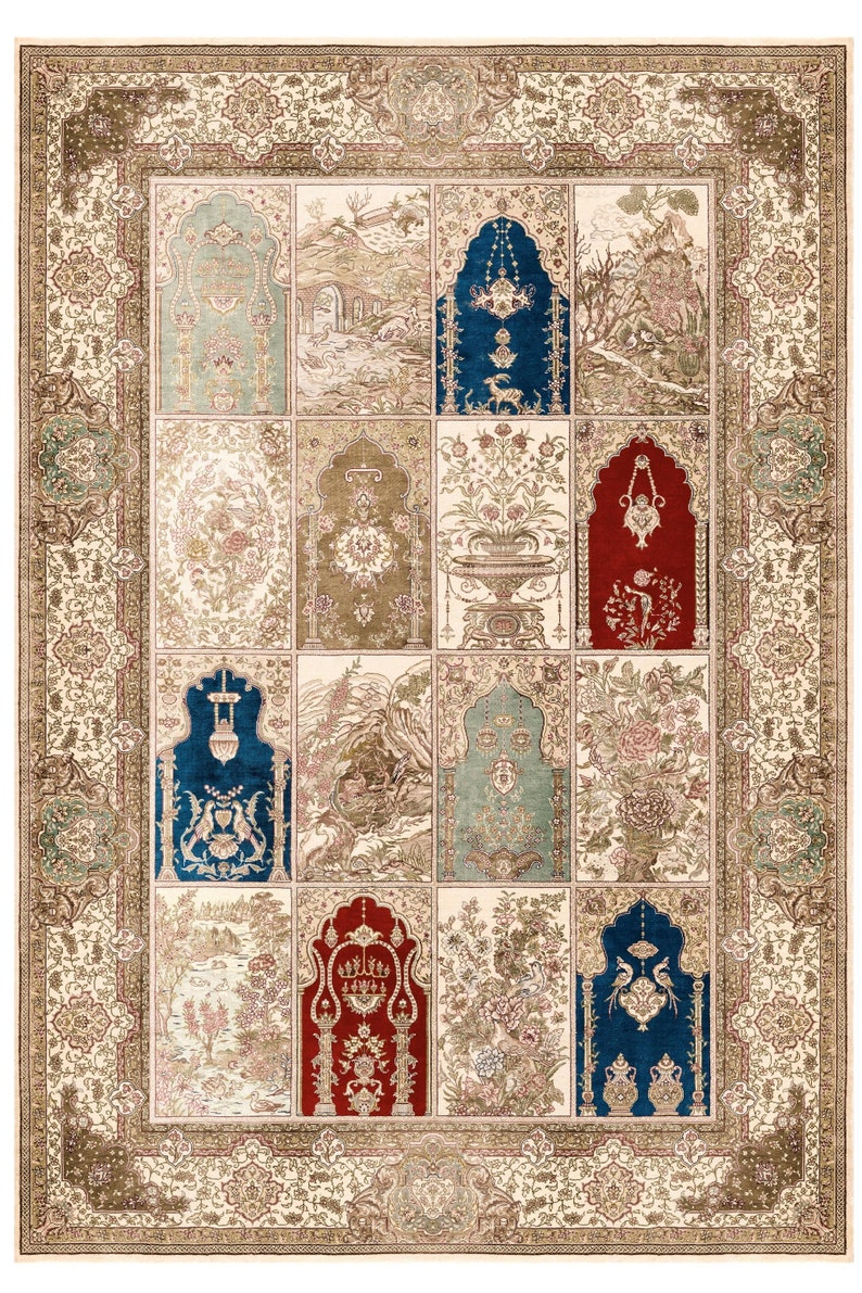 May include: A cream-colored rug with a large, intricate border. The center of the rug is divided into 16 squares, each with a different design. The designs include floral patterns, arches, and landscapes. The rug is made of wool and silk.