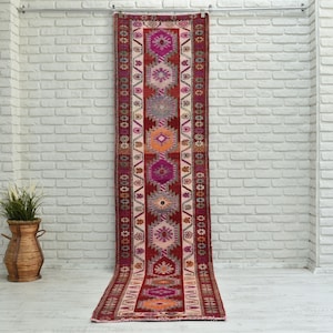 Red Persian Style Traditional Handmade Turkish Runner Rug Rustic Carpet Bohemian Runner Rug Vintage Runner Rug for Hallway Stair Kitchen Rug