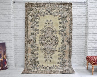 Handwoven Rug, Vintage Turkish Rug, Pink Beige Neutral Boho Wool Carpet for Home Decor - Housewarming (5.4x8.7 ft)