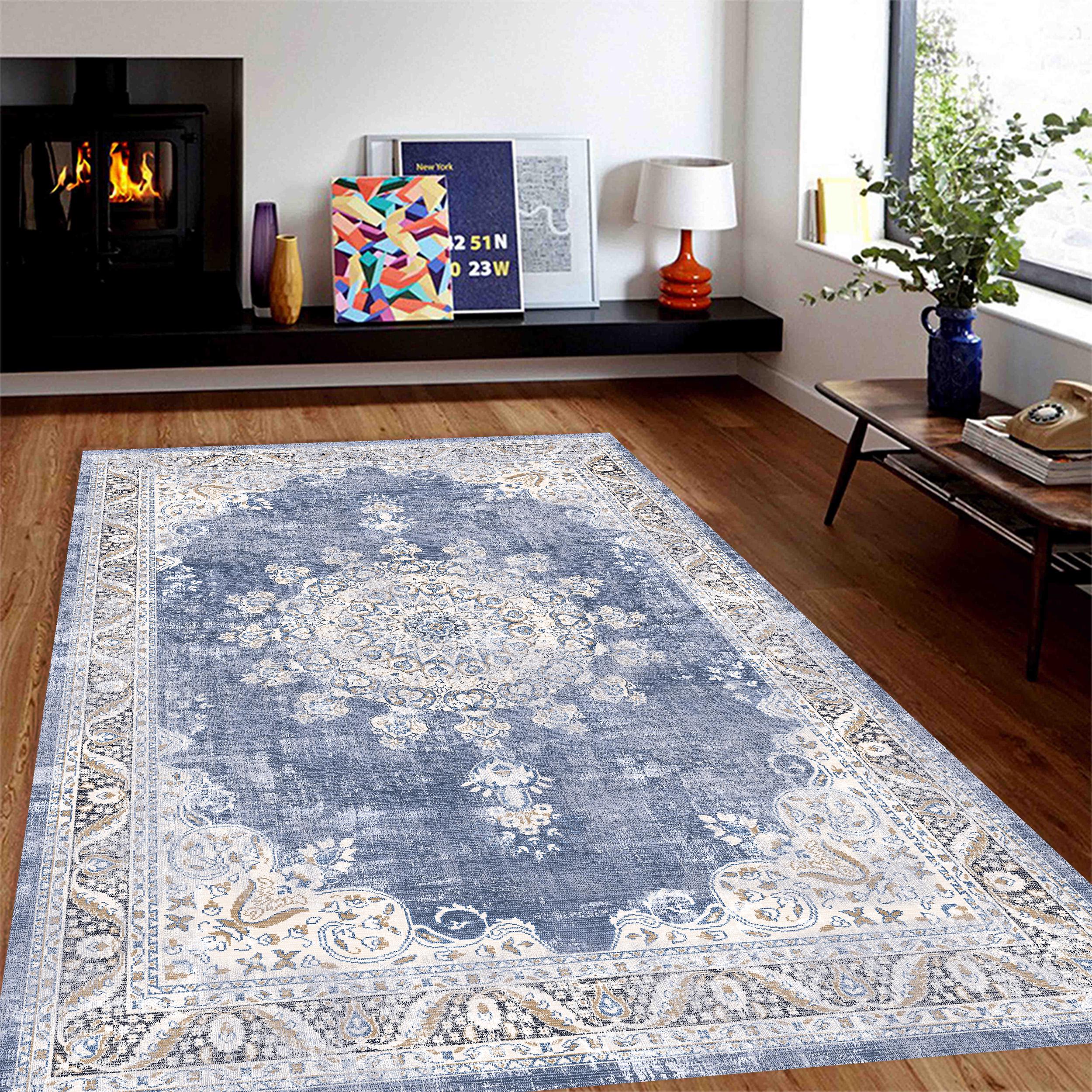 Blue Traditional Rug Farmhouse Area Rug Geometric Distressed Living ...