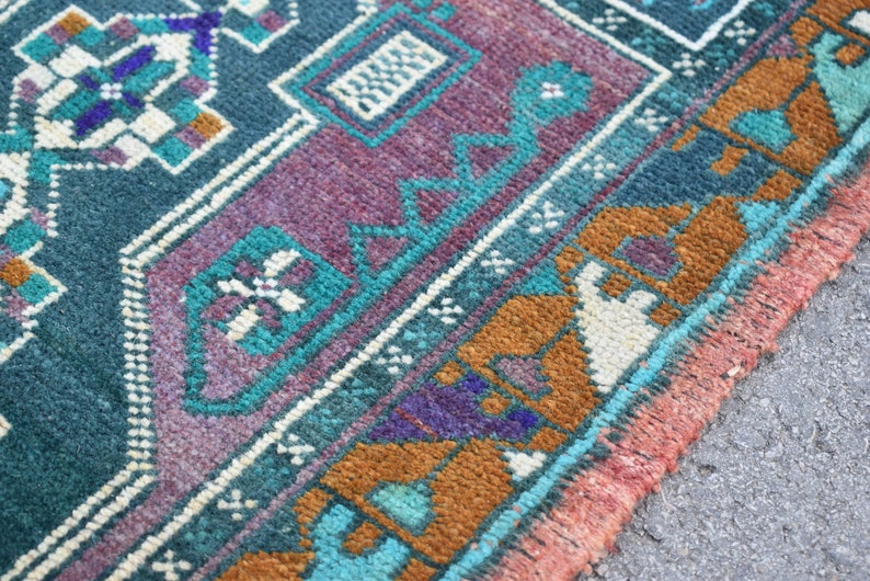 Oushak Rug 1.6x3.3ft Vintage Anatolian Rug Runner Rug Aztec Rug Turkish Rug Green Rug Small Size Runner Rug Purple Rug Entryway Rug
