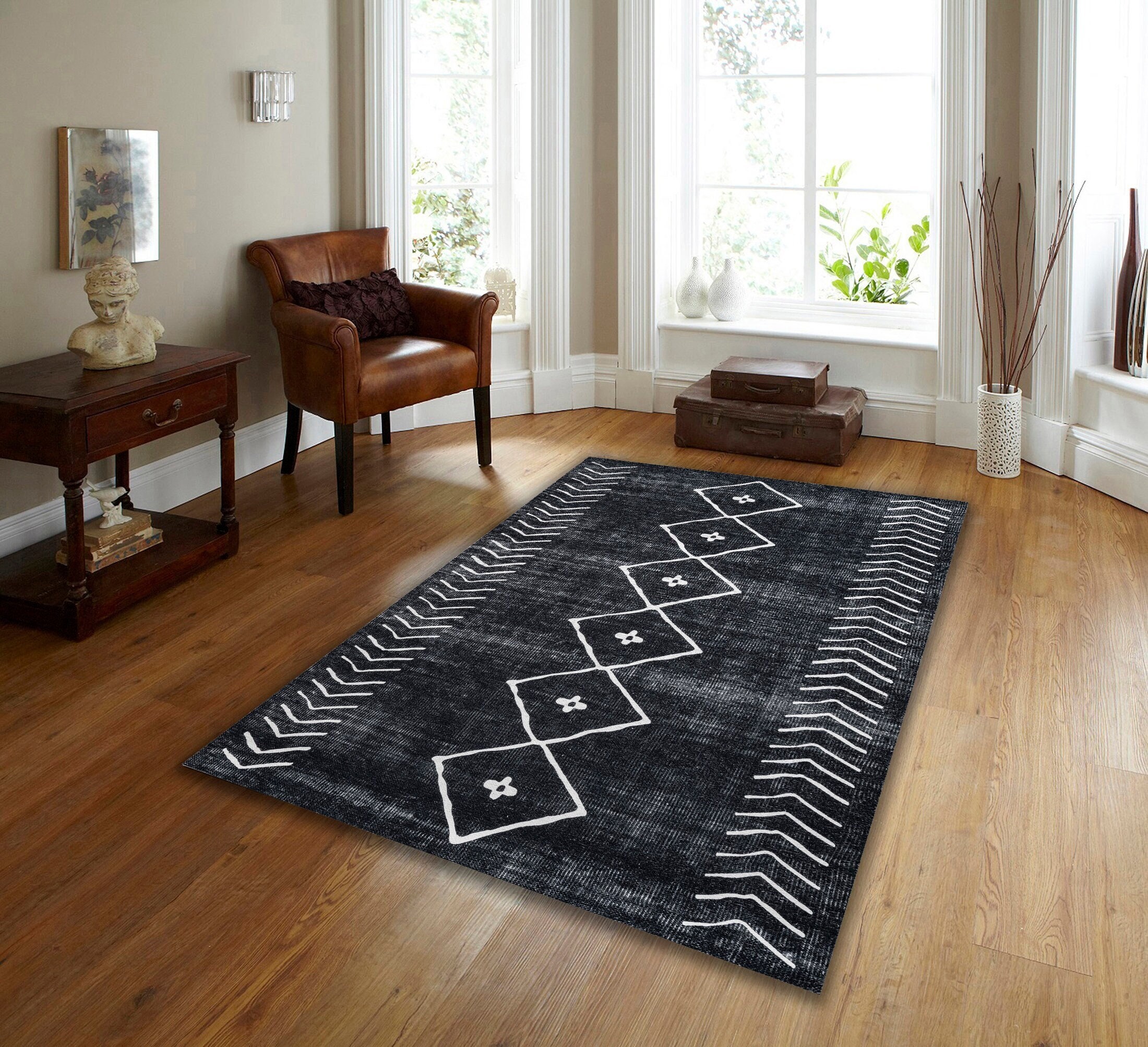 MCOW Area Rugs for Living Room 4x6 Machine Washable Bedroom Rugs Distressed  Vintage Print Gray Large Throw Rug Dining Room Aesthetic, Non Slip Carpet  with Gripper 