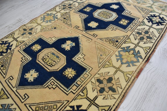 Oushak Rug, 3'2" x 5'3", Geometric Medallion Rug, Turkish Rug, Bohemian Rug, Wool Rug, Beige Tan Navy Rug, Persian Rug, Area Rug
