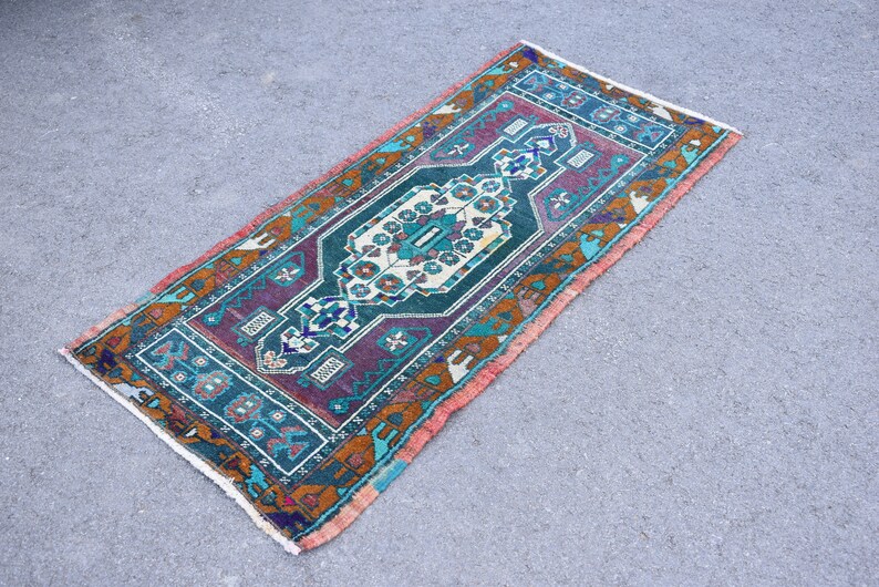 Oushak Rug 1.6x3.3ft Vintage Anatolian Rug Runner Rug Aztec Rug Turkish Rug Green Rug Small Size Runner Rug Purple Rug Entryway Rug