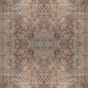 May include: A vintage-style rug with a brown, beige, and blue color scheme. The rug features a central diamond pattern surrounded by intricate floral and geometric designs.