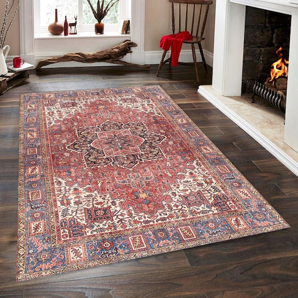Turkish Area Rug / Vintage Style Rug / Bohemian Rug / 4x6, 5x8 Bedroom Rug / 6x9 Living Room / Washable Rug / Red Pink Blue