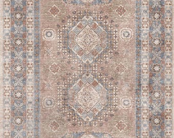 May include: A vintage-style rug with a brown, blue, and white geometric pattern. The rug has a faded, distressed look, giving it a rustic feel.