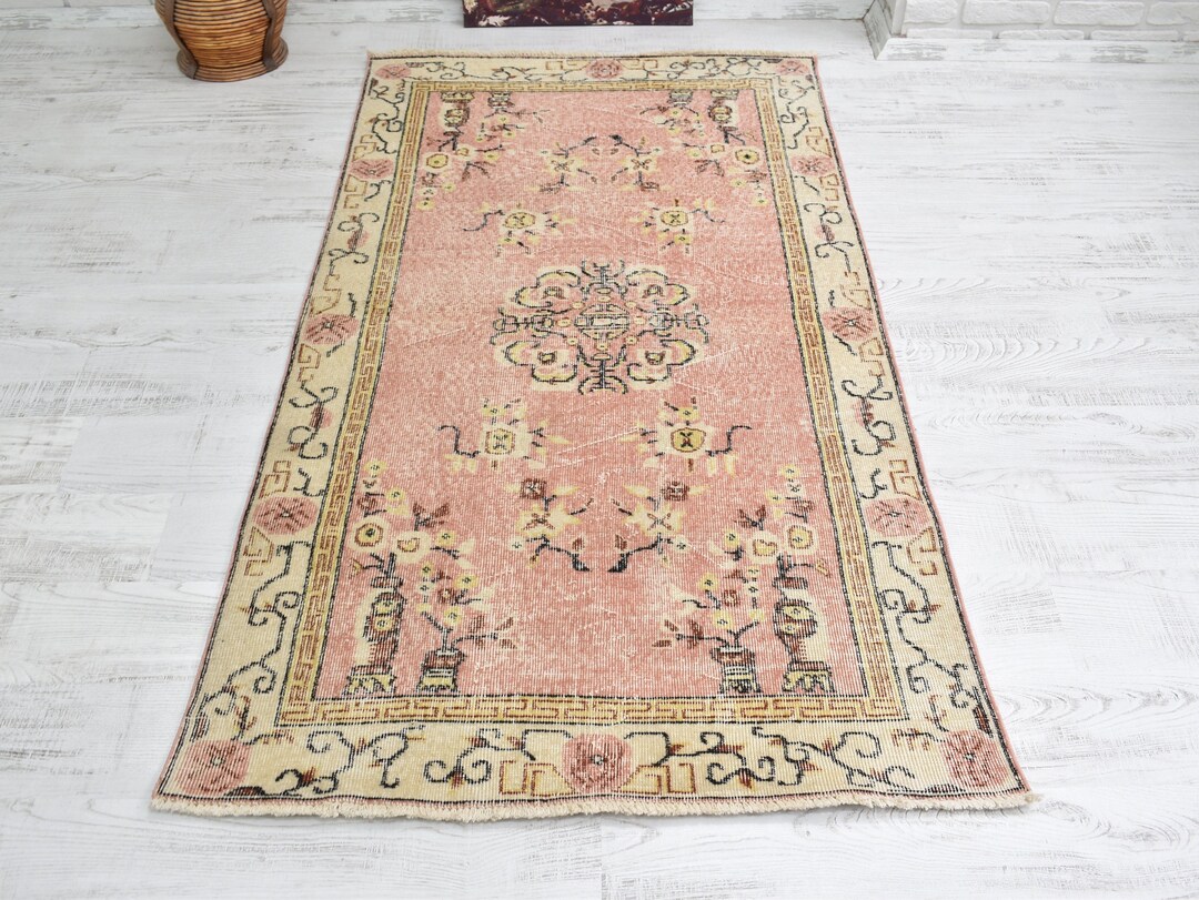 Pink Vintage Rug, 3.7 X 6.9 Ft, Pink Area Rug, Pink Oushak Rug, Nursery