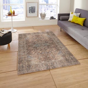 May include: A vintage-style rug with a brown, blue, and beige color scheme. The rug has a distressed look with a faded, intricate pattern.