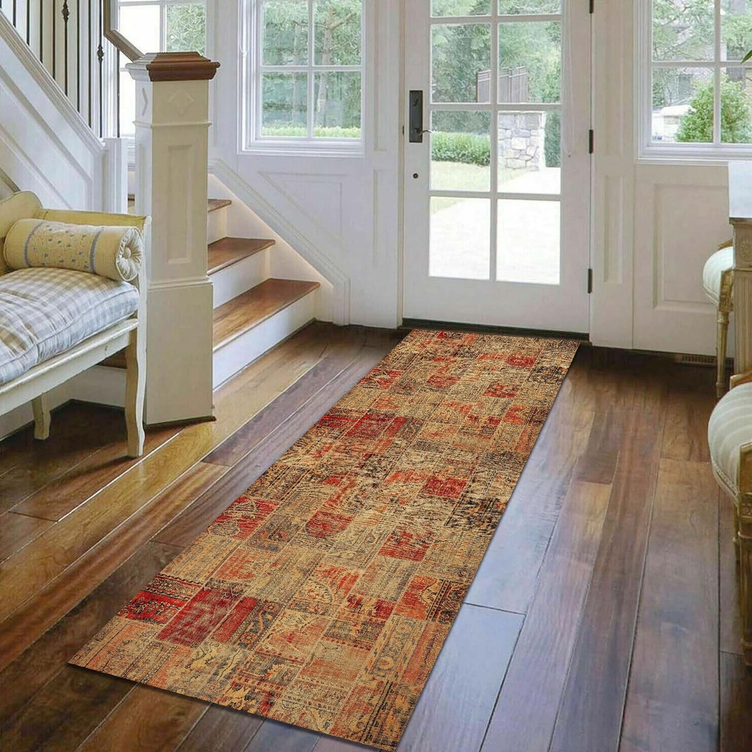 Persian Rug, Runner Rug, Vintage Earthtone Geometric Patchwork Hallway