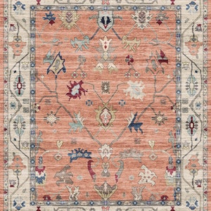Multicolour Area Rug Orange Kilim Traditional Bordered Zero Pile Living Area Bedroom Dining Room Rug Machine Washable Rug Non Slip Rug